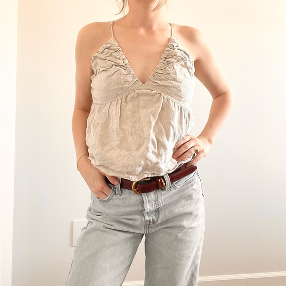 J.Crew Tan Linen Rouched Tank Top - Picture 1 of 8